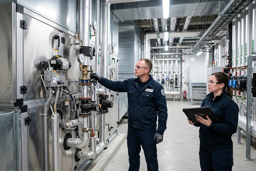 Facilities technicians checking an air handling unit in a mechanical room