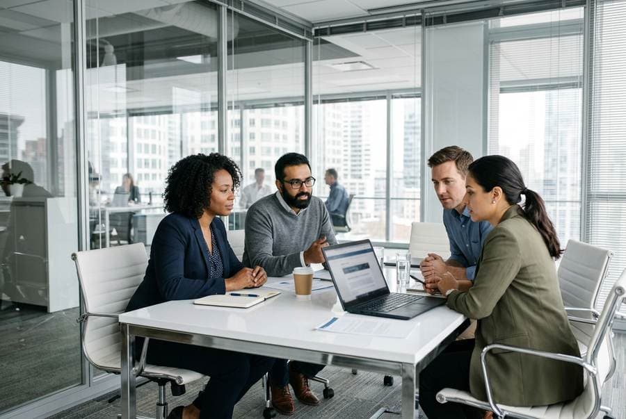 Business owners discussing a referral introduction in a bright meeting room