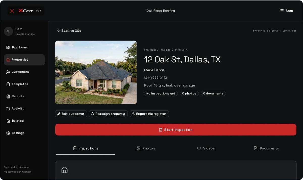 An XCam property record with its inspections